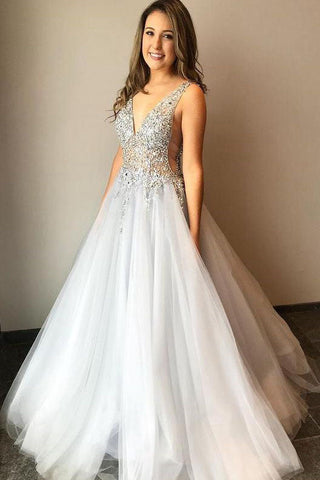 V-neck Beaded Tulle A Line Gray Long Prom Dress  Formal Party Dress OK1102