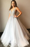 V-neck Beaded Tulle A Line Gray Long Prom Dress Formal Party Dress OK1102