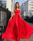Simple A Line Red Spaghetti Straps Long Prom Dress Formal Evening Dress OK1141