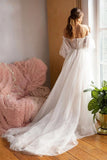 Ivory Tulle Off the Shoulder Bride Dress Simple Long Puffy Sleeves Wedding Gown OKW52