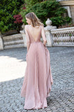 Beautiful Pink Sleeveless Long Prom Dress New Beading Glitter V Neck Pleated Party Gown OKW57