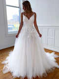 Off White Tulle Lace Appliques Long Wedding Dress A Line Bridal Dress OK1159