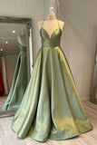 Simple Green A Line Spaghetti Straps Satin Long Prom Dress OK1177