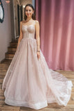 Sweetheart Sequin A Line Long Prom Dress Spaghetti Straps Formal Evening Dress OK1262