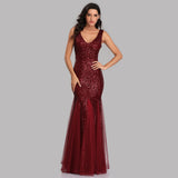 Mermaid Burgundy Tulle Long Sequined Prom Dress XU90813