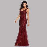 Mermaid Burgundy Tulle Long Sequined Prom Dress XU90813