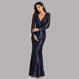 Mermaid Sequined Long Sleeves V Neck Prom Dress XU90814