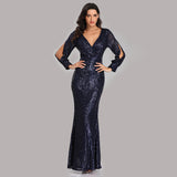 Mermaid Sequined Long Sleeves V Neck Prom Dress XU90814