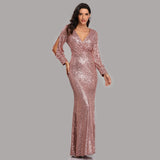 Mermaid Sequined Long Sleeves V Neck Prom Dress XU90814