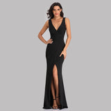 Black V Neck Long Mermaid Prom Dress With Slit XU90817