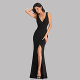 Black V Neck Long Mermaid Prom Dress With Slit XU90817