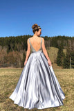 A-Line Satin V Neck Beading Long Prom Dress V Back Evening Dress OK1225