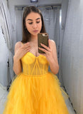 Yellow Tulle A-Line Long Prom Dress Spaghetti Straps Ruffles Evening Dress OK1232