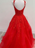 Red Tulle Lace Appliques Long Prom Dress A Line Formal Evening Dress OK1248