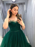 Ball Gown Tulle Green Long Prom Dress Spaghetti Straps Formal Evening Dress OK1231