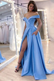 Sky Blue Prom Dress Sexy V-neck Off shoulder High Split A-line Evening Dress OKW76