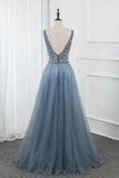 Sweet Blue Long V Neck Tulle Beading Backless Split Formal Prom Gowns OKW65