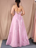 Pink Spaghetti Straps Long A-line Long Prom Dress with Pockets Slit OKY44