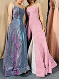 Pink Spaghetti Straps Long A-line Long Prom Dress with Pockets Slit OKY44