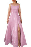 Pink Spaghetti Straps Long A-line Long Prom Dress with Pockets Slit OKY44