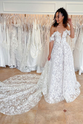A Line Sweetheart Off the Shoulder Lace Wedding Dress N090