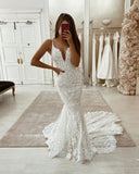 Elegant Spaghetti Straps V Neck Lace Fit and Flare Wedding Dress OK1088
