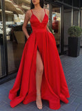 A Line V Neck Black Long Prom Dress SatinFormal Evening Dress With Pockets OK1280