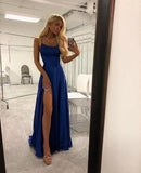 Royal Blue Spaghetti Strap A Line Prom Dresses Sexy Long Split Party Dresses OKJ90