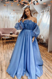 Blue Organza Long Sleeves Strapless Prom Dress A Line Long Evening Dress OK1174