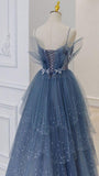 A Line Blue Tulle Long Prom Dress Spaghetti Straps Evening Party Dress OK1170/OK1932