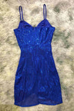 Sexy V-neck Blue Spaghetti Straps Sequins Homecoming Dress Short Prom Dress OK1629