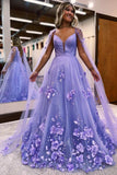 Lavender 3D Floral Lace Plunge V A-Line Prom Dress with Cape Sleeves Formal Evening Dress OK1899