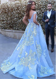 Wonderful Ball Gown Appliques Prom Dresses,Formal Blue Evening Dress,Quinceanera Dresses OK357