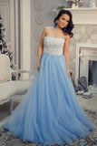 Princess Strapless Sky Blue Long Tulle A Line Prom Dresses with White Lace OK950