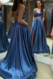 Two Piece Lace Up Blue Long Prom Dresses with Slit OKM2