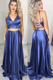 Two Piece Lace Up Blue Long Prom Dresses with Slit OKM2