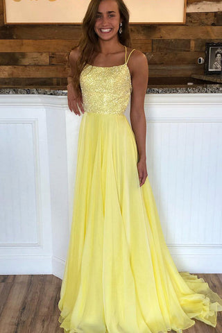 Criss-cross Back Beading Yellow Long A Line Prom Dress OKK80