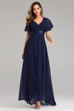 A Line Chiffon Short Sleeves Long V Neck Prom Dress XU90812