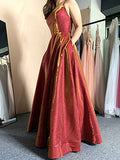 Burgundy Spaghetti Straps Long A-line Prom Dress with Pockets Slit OKY44