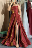 Burgundy Spaghetti Straps Long A-line Prom Dress with Pockets Slit OKY44