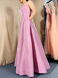 Pink Spaghetti Straps Long A-line Long Prom Dress with Pockets Slit OKY44