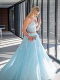 Light Blue Tulle Lace Appliques Two Pieces Long Prom Dress Formal A Line Evening Dress OK1175