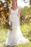 Bohemian A Line V Neck Lace Bridal Gown Simple Beach Wedding Dress OKK37