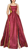 Burgundy Spaghetti Straps Long A-line Prom Dress with Pockets Slit OKY44