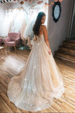 Sweetheart Sequin A Line Long Prom Dress Spaghetti Straps Formal Evening Dress OK1262