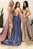 A-Line Sparkle Long Prom Dress With Split Pocket Backless Evening Dress OK1219