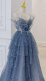 A Line Blue Tulle Long Prom Dress Spaghetti Straps Evening Party Dress OK1170