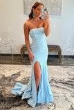 Strapless Light Blue Sequins Mermaid Long Prom Dress Evening Gown With Split OK1281