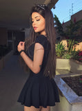 Modern A-Line V-Neck Cap Sleeveless Prom Dress,Black Short Homecoming Dress Appliques OK477