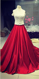 White Lace Crop Top Red Satin Two Pieces A Line Prom Dresses OK817